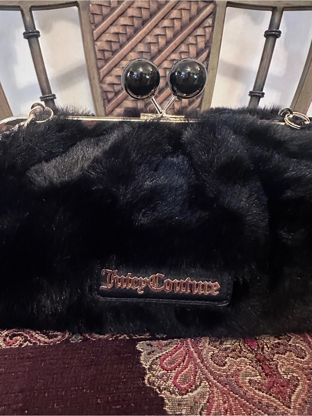 Juicy Couture Black Faux Fur Clutch with Glossy Ball Clasp
